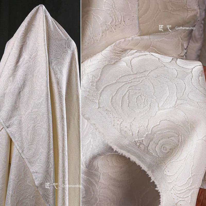 Jacquard Fabric White Large Rose Texture Windbreaker Dress Designer Cloth Diy Apaprel Sewing Meters Rayon Polyester Material