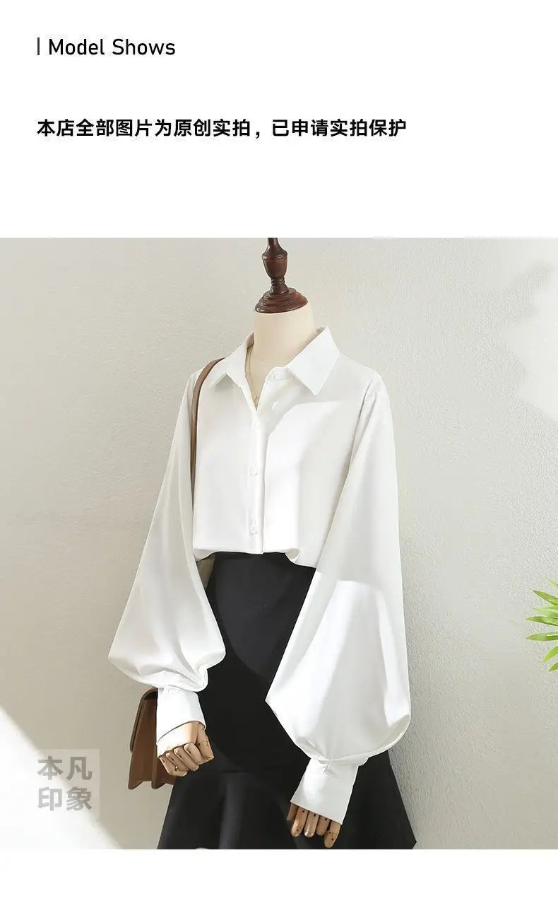 Blouses Tops Women White Black Long Lantern Sleeve Office Lady Temperament Autumn Winter Basic All-match Design Chic Female New