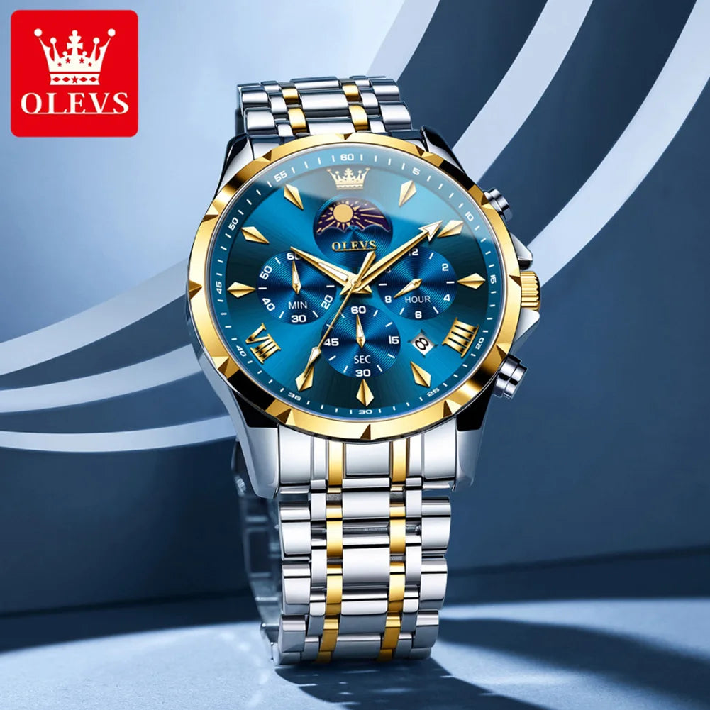 OLEVS 3653 Luminous Chronograph Stainless Steel Quartz Watch for Men Waterproof Sports Calendar Date Wristwatches Reloj Hombre