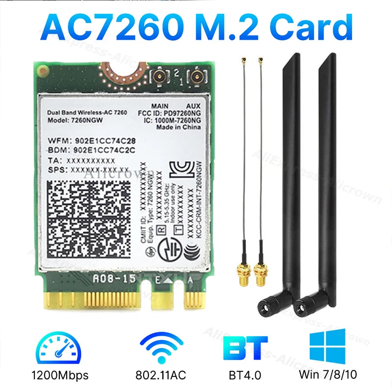 7260NGW M.2 Wifi Wireless Card 1200Mbps Dual Band 2.4G 5G Bluetooth 4.0 802.11AC Adapter Card With Antenna For Laptops Desktop