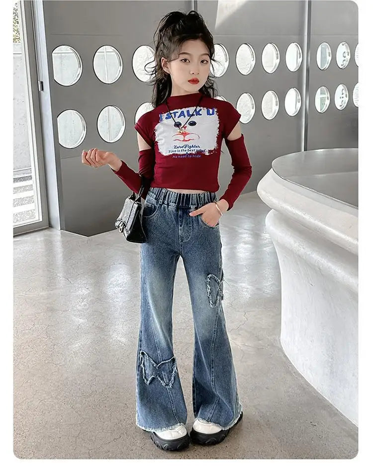 New Junior Girls Denim Pants Ins Bow Patchwork Children Girls Flared Pant Loose Elastic Waist Casual 4-14Y School Girls Trousers