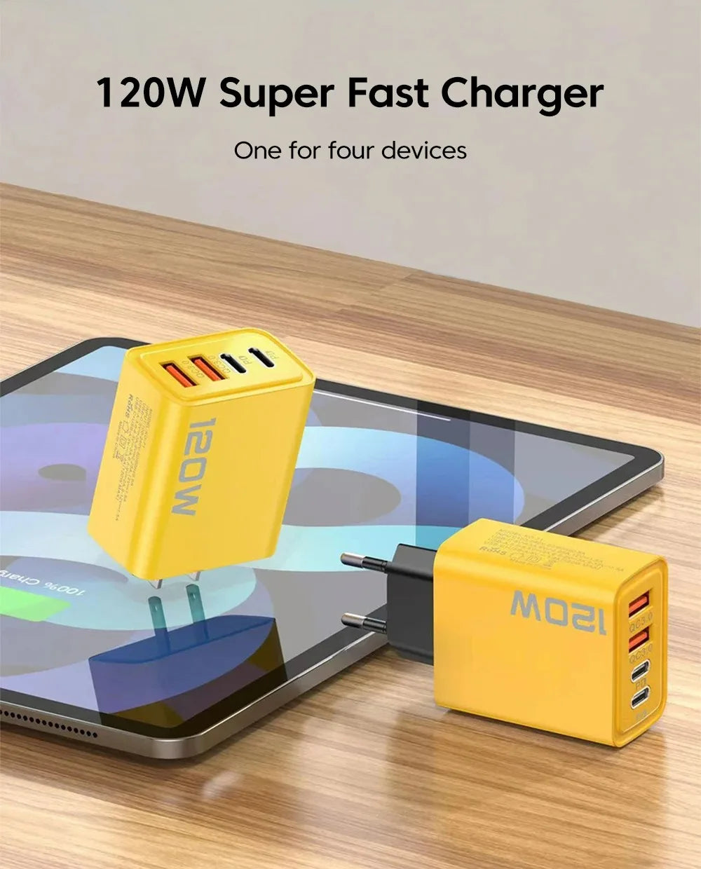 4 Port USB C PD Charger Total 120W Fast Charger Type C Quick Charge 3.0 USB Charger Adapter For iPhone Samsung Xiaomi Phone Plug