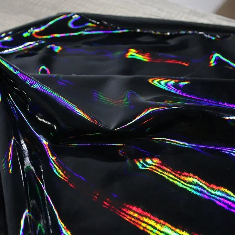 Black Iridescent Synthetic Leather Fabric Technology Oriented Micro Elastic TPU Fabrics Clothing Designer Cloth for Diy Sewing