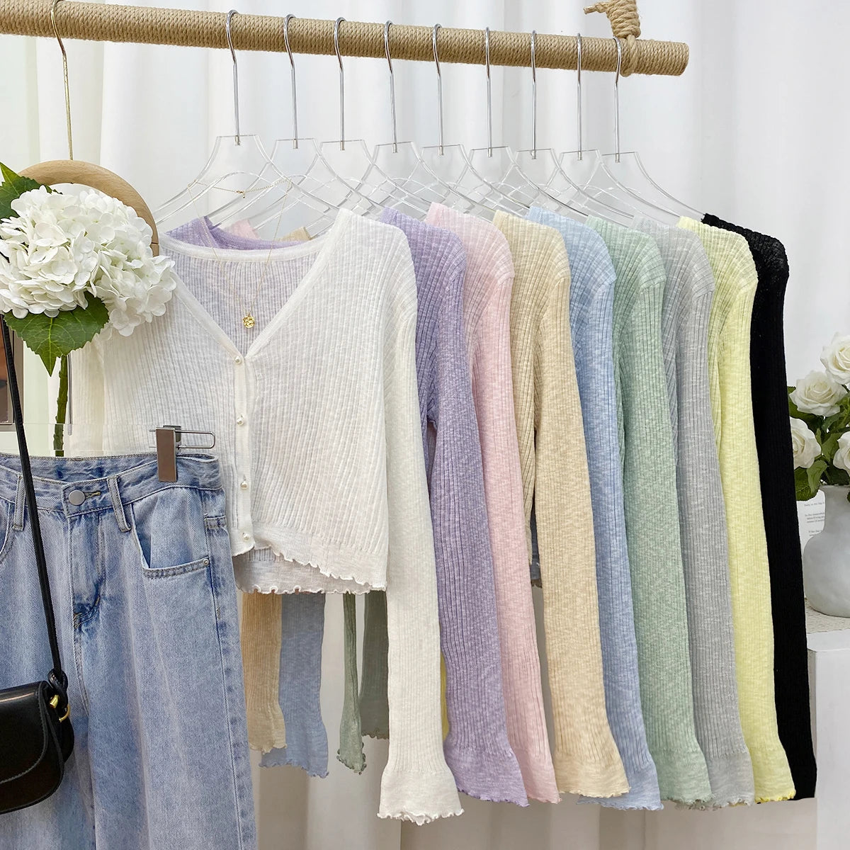 2026 Spring Summer Gentle Ruffle Trim Long Sleeve Ice Silk Sunscreen Knitted Cardigan Women Short Pearl Button Thin Casual Coat