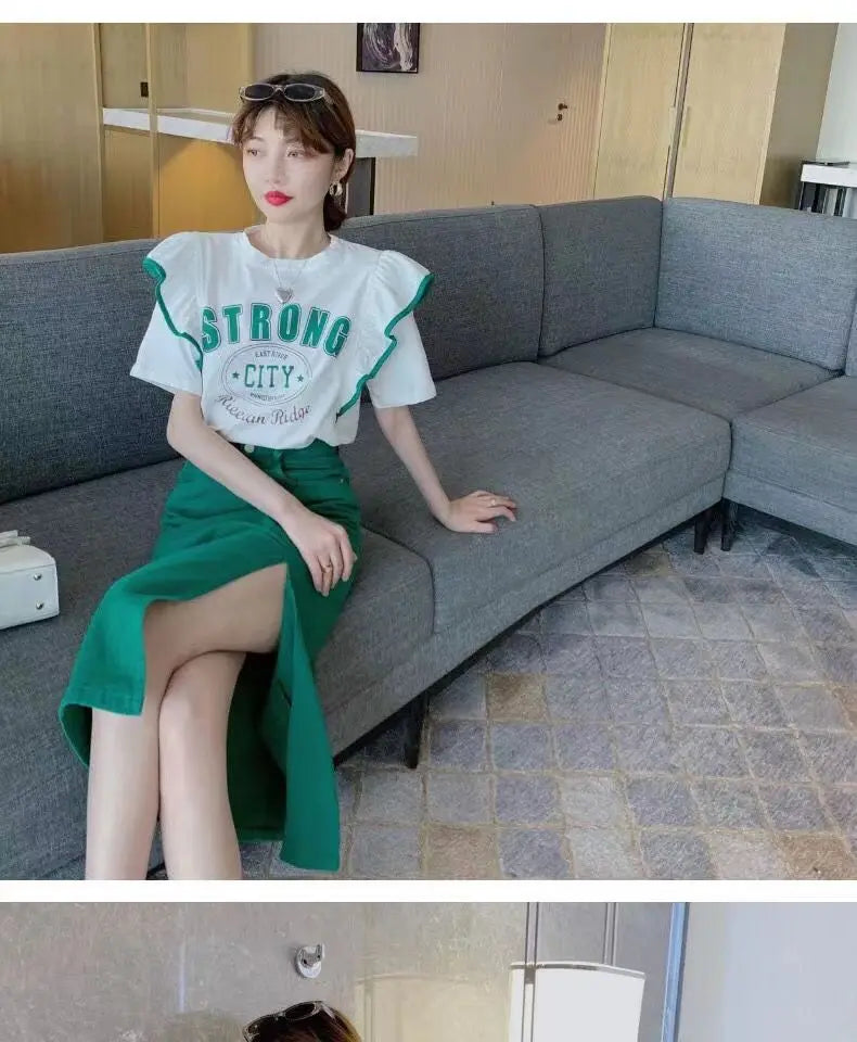 Summer 2024 Trendy Loose ort Sve T-irt Women's Top Design Sense Splicing Slimming Faionable Youthful Polyester Cotto...