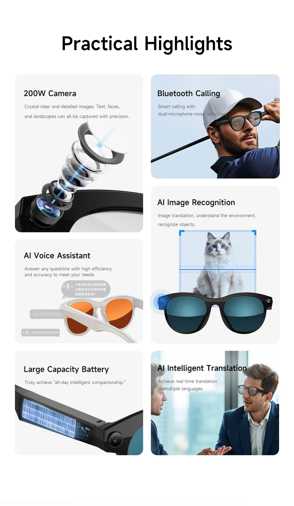 AI smart glasses for taking photos, anti shake, long-lasting battery life, Bluetooth calls, music, sports, companions, smart gla