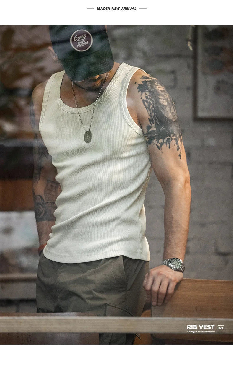 Maden Men's Retro Solid Color Slim Fit Sleeveless Vest T-Shirt Sports Fitness Threaded Inner Bottoming Shirt for Summer Tank Top