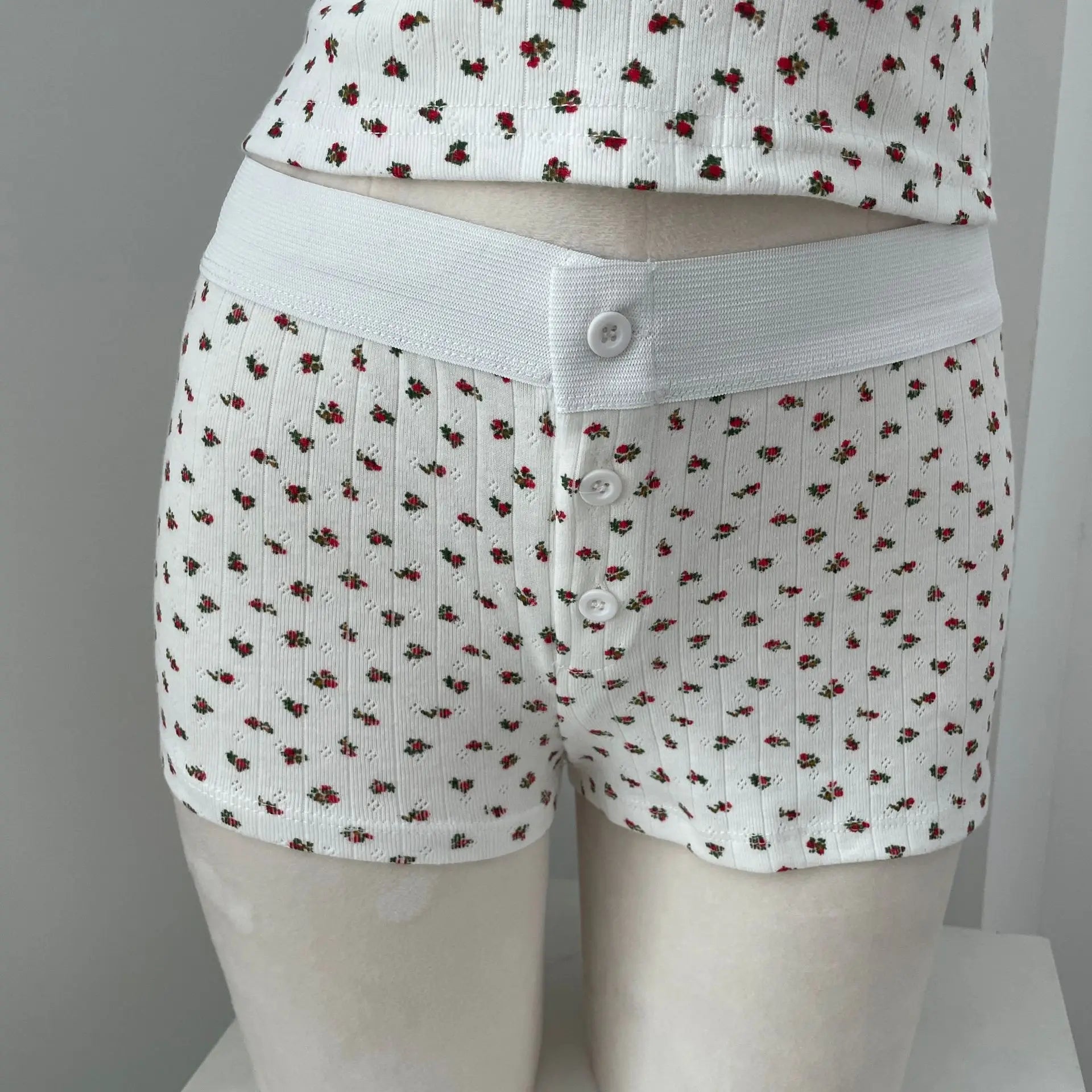 Floral Eyelet Cotton Boy Shorts Woman Summer Three Buttons Patchwork Elastic Waist Straight Short Pant Sweet Cute Home Underwear