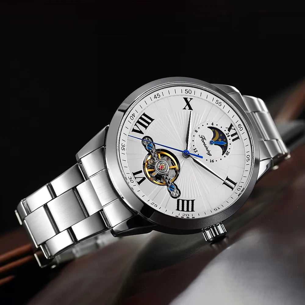 Forsining Men's Automatic Tourbillon Moon Phase Mechanical Watch Stainless Steel 3ATM Waterproof Luxury Design Business Style
