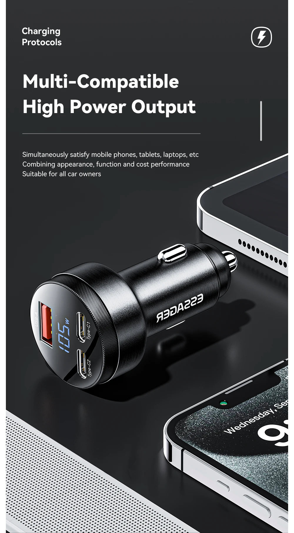 Essager 105W USB Car Charger Quick Charge 4.0 QC4.0 QC3.0 QC SCP PPS PD USB Type C Fast Charging For iPhone 14 15 Xiaomi Phone