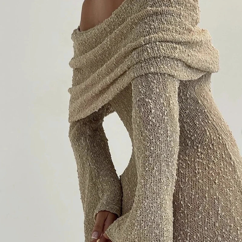 Fashion Style Knitted One-Shoulder See-Through Beachwear Cover Up Women's Beach Vacation Sunscreen Dress Elegant Long Dress