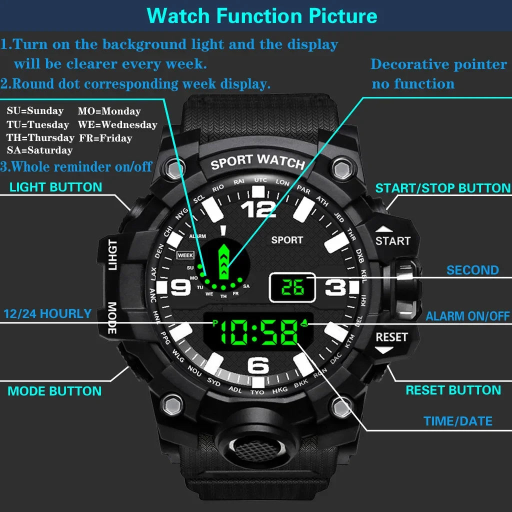 YIKAZE Men's Watch LED Digital Men Sport Watches Fitness Electronic Watch Multifunction Military Sports Watches Clock Kids Gifts
