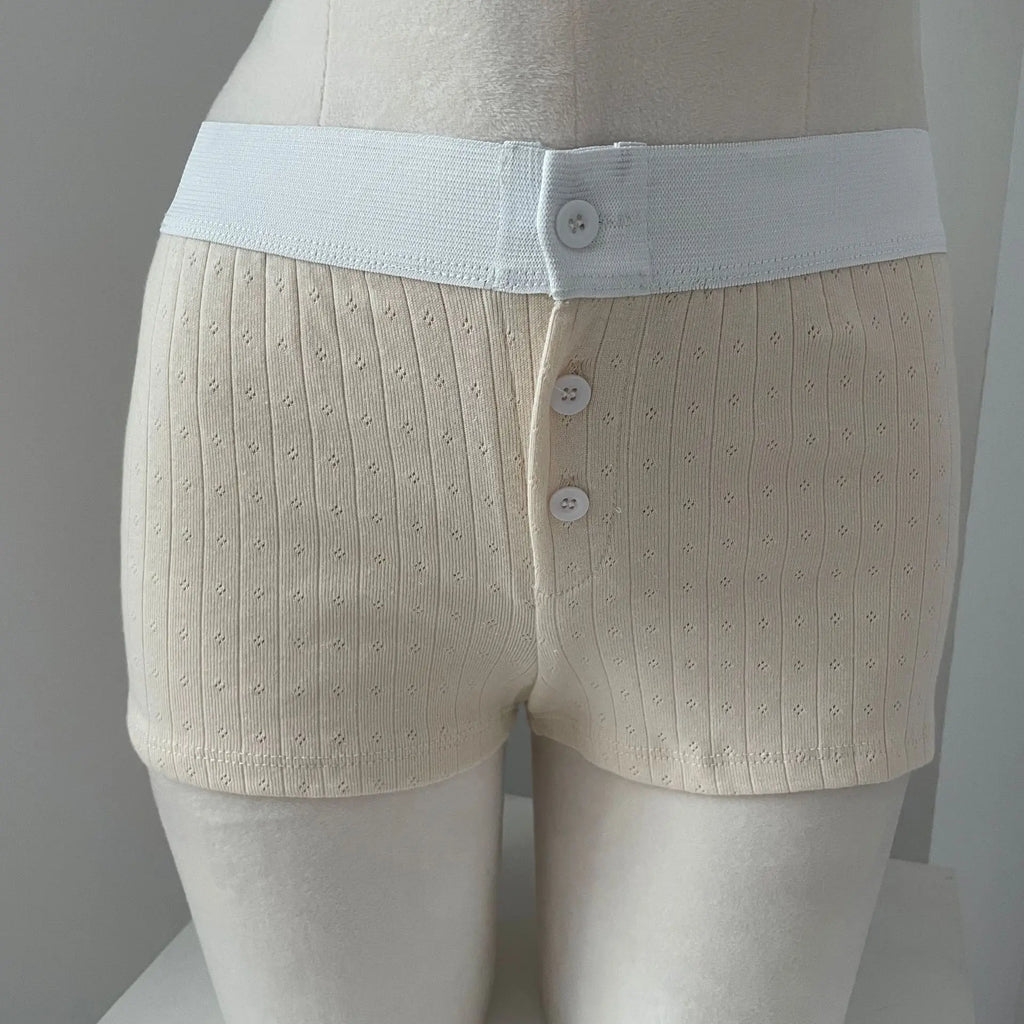 Floral Eyelet Cotton Boy Shorts Woman Summer Three Buttons Patchwork Elastic Waist Straight Short Pant Sweet Cute Home Underwear