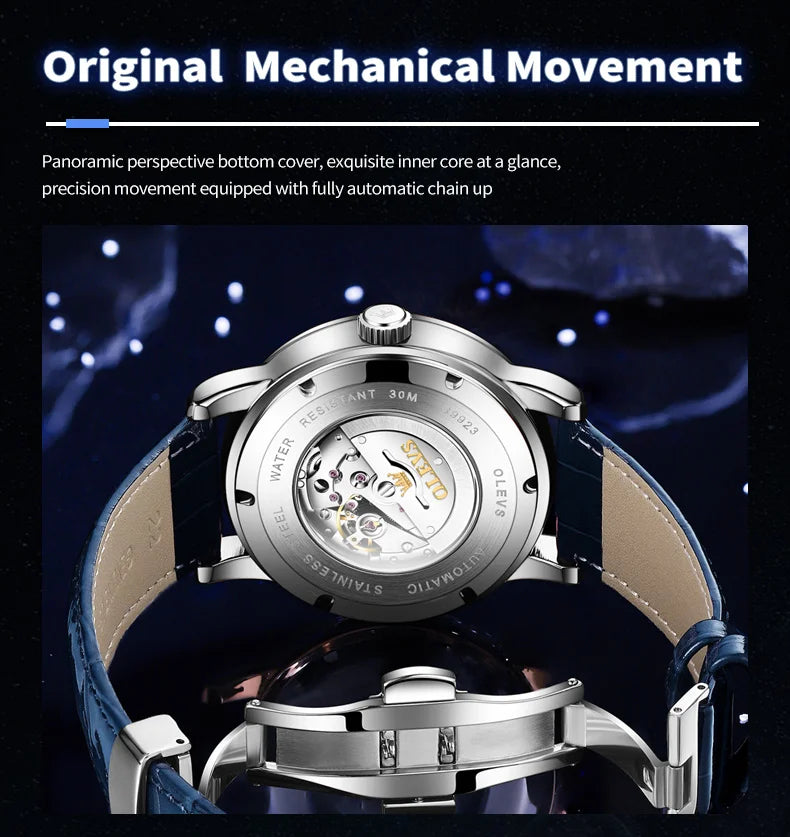 OLEVS 9923 Mens Watch Luxury Original Automatic Mechanical Watch Leather Strap Waterproof Luminous Starry Dial Watch For Men