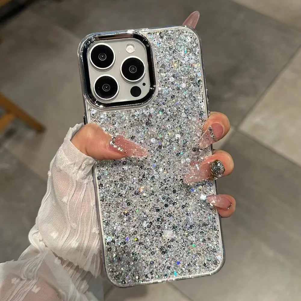 Shiny Glitter Soft Bumper Phone Case For iPhone 17 Air 16 15 14 13 12 11 Pro Max Plus Epoxy Shell Girl Shockproof Back Cover