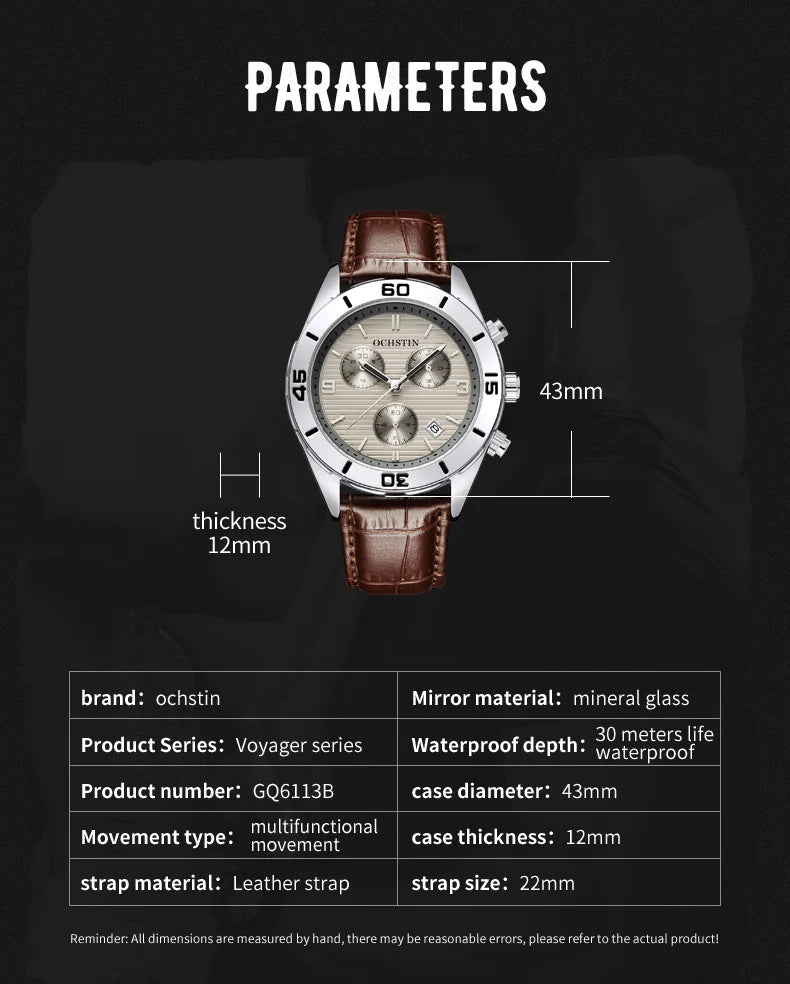 OCHSTIN Men's Watches Top Brand Sport Men Wrist Watch Leather Quartz Watch Sports Waterproof Male Clock Chronograph Function
