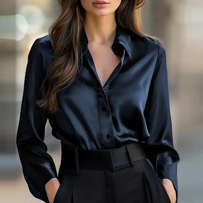 Elegant Blouses For Women Spring Autumn Satin Shirt Women Fashion Flare Long Sleeve Button Silk Blouse All Match Office Lady Top