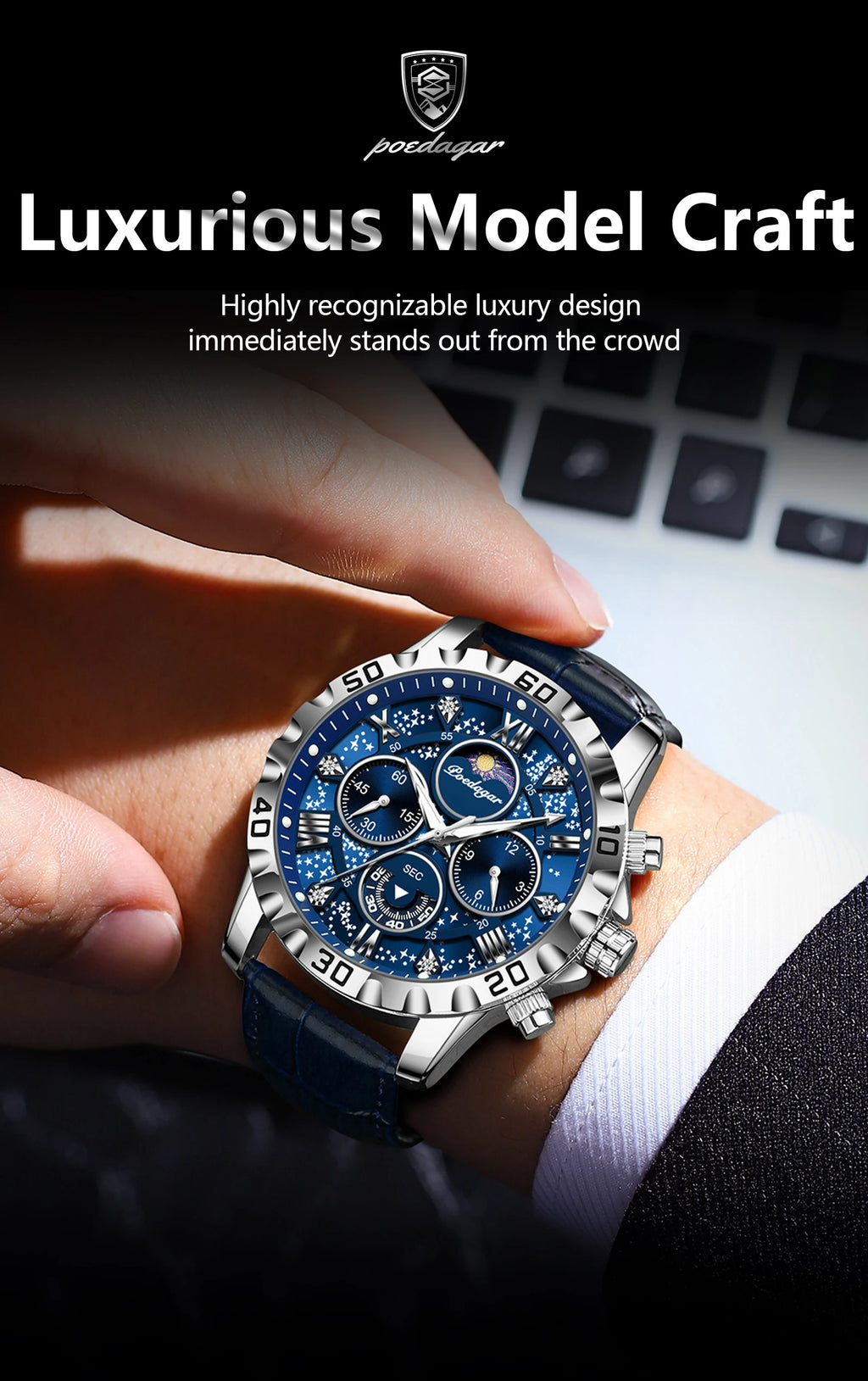 POEDAGAR Original Military Man Wristwatch Waterproof Luminous Chronograph Leather Strap Watches For Men Quartz Men's Watch Reloj