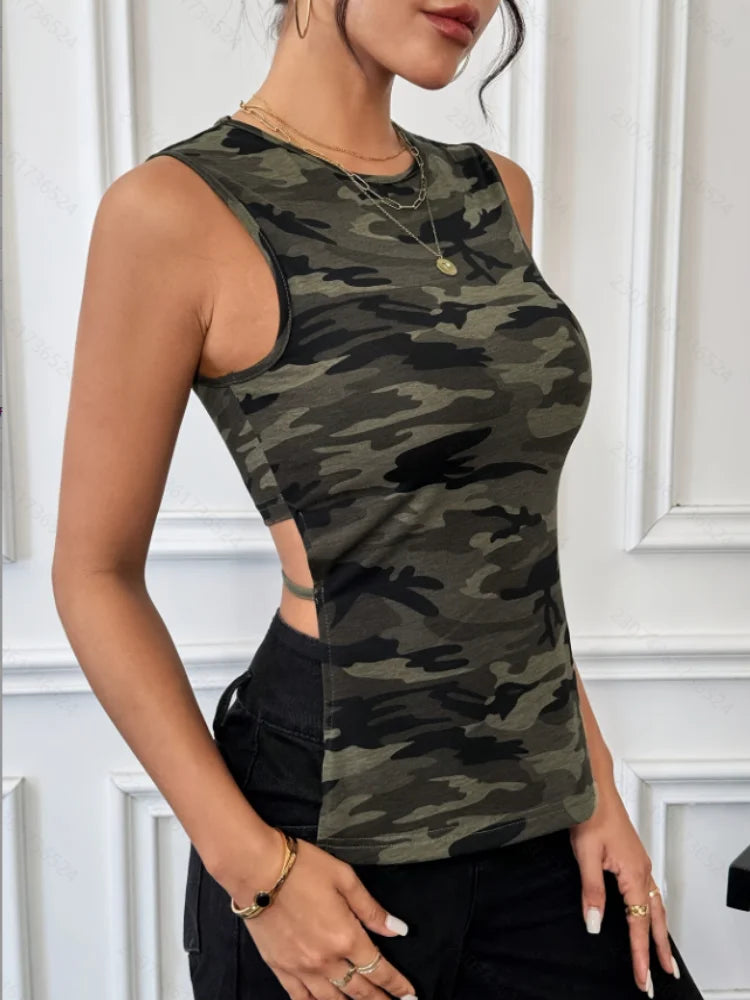 Summer Casual Sleeveless Tank Top Women's Camouflage Pattern Longer Front and Shorter Back Vest Suitable for Fitness and Sports