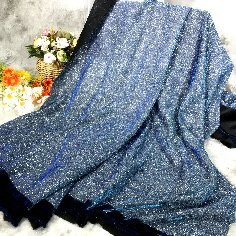 Colorful Blue Gradient Glitter Fabric Elastic Knitting By The Meter for Clothes Performance Dress Diy Sewing Designer Cloth Gold