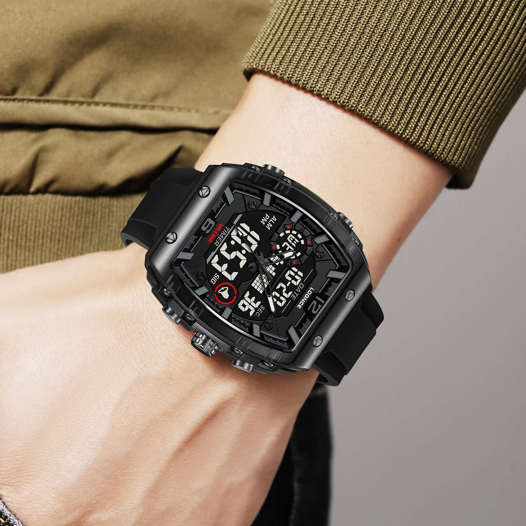 Fashion LOQNCE 98003 Men's Watch High Quality Analog-Digital Dual Movement Calendar Luminous 50M Waterproof Watch Silicone Band