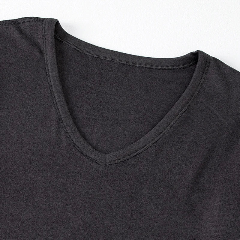 2-piece Men's Autumn And Winter Solid Color Casual V-neck Basic Warm Underwear Set Comfortable Sports And Fitness Base Shirt