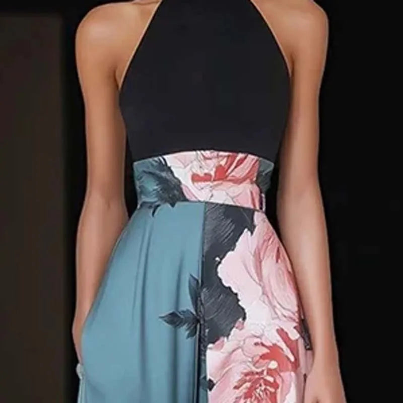 Sexy Flower Printed Split Backless Women Dresses Summer Sexy O Neck Sleeveless Robe Dress Elegant High Waist Hollow A-Line Dress