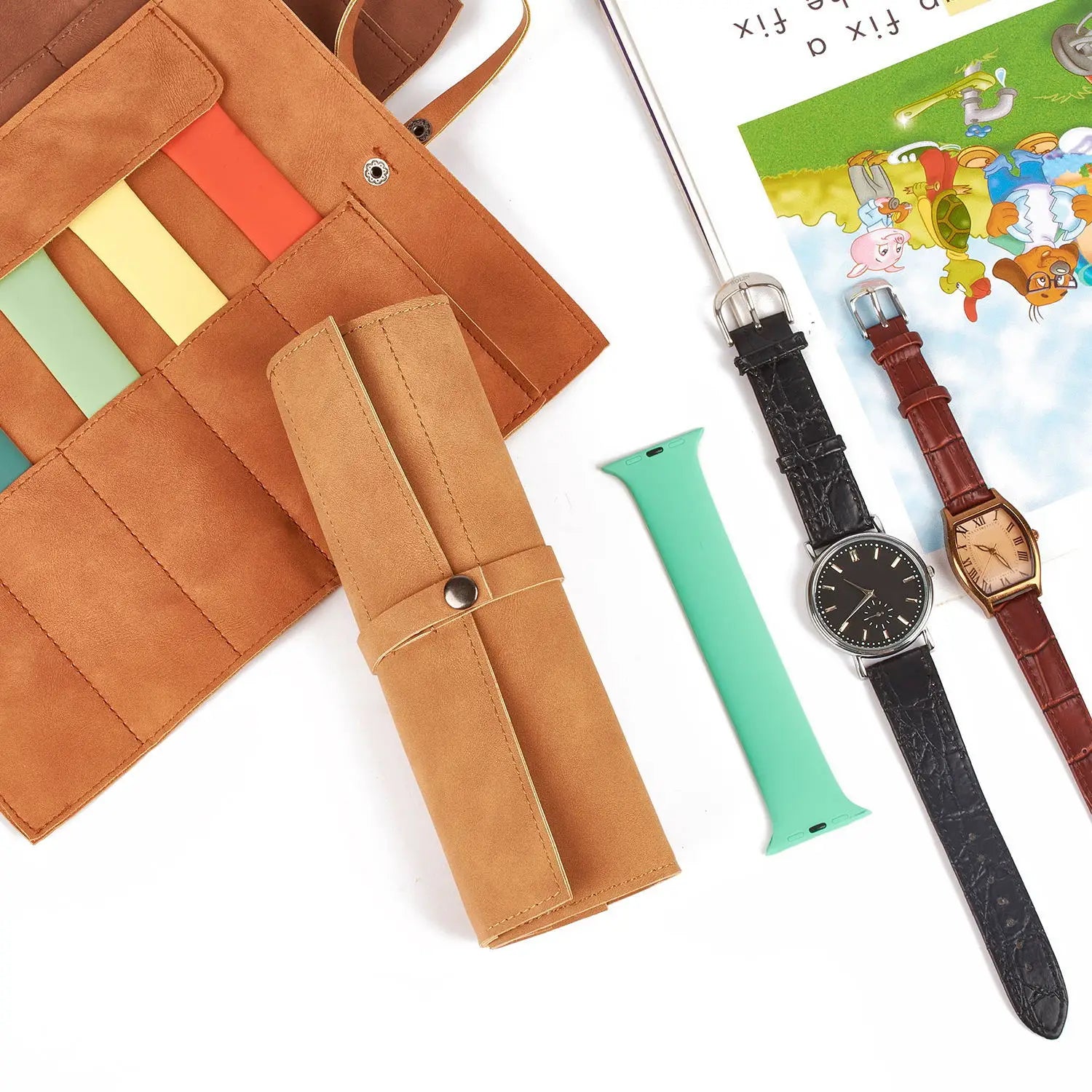 Watch Band Roll Organizer With 5 Slots Storage Box Watch Strap Smart Watch Storage Bag Leather Handmade Travel Case storage bag