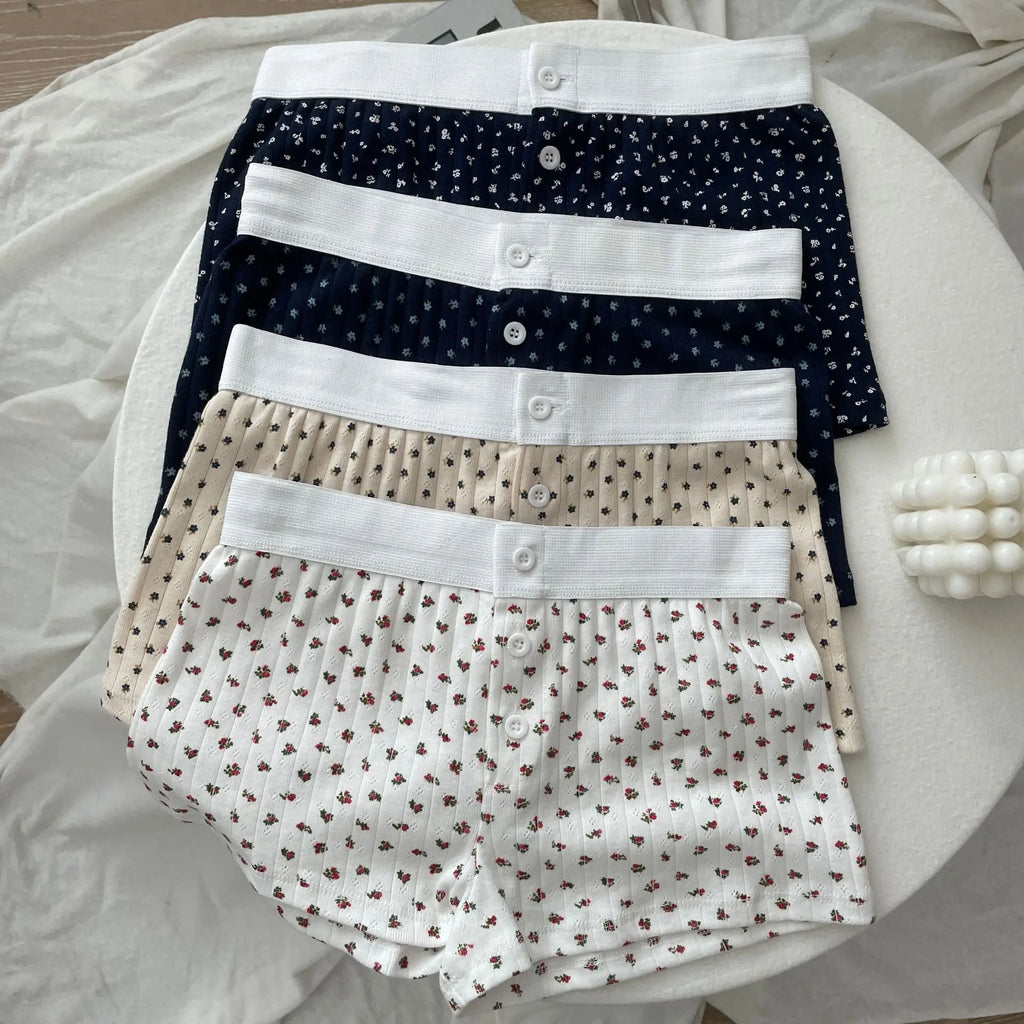 Floral Eyelet Cotton Boy Shorts Woman Summer Three Buttons Patchwork Elastic Waist Straight Short Pant Sweet Cute Home Underwear