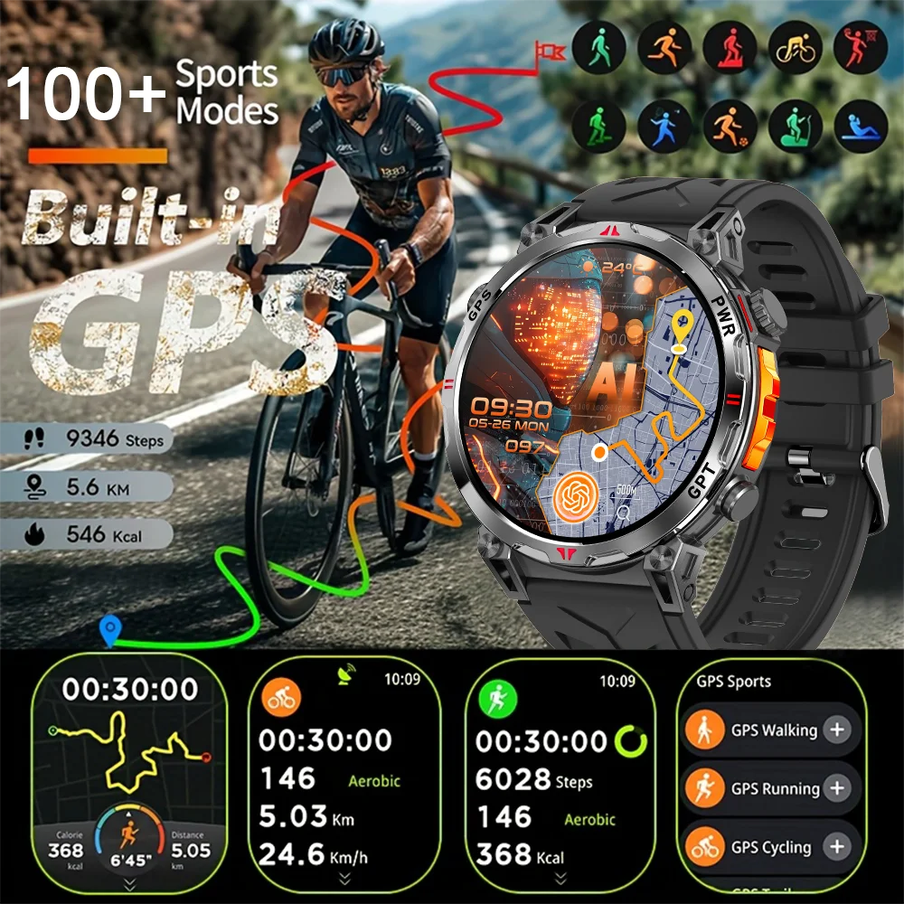 New Outdoor GPS GPT Compass Smart Watch 3ATM Waterproof Fitness Track Heart Rate BT Call Professional Sports 650mAh Smartwatch