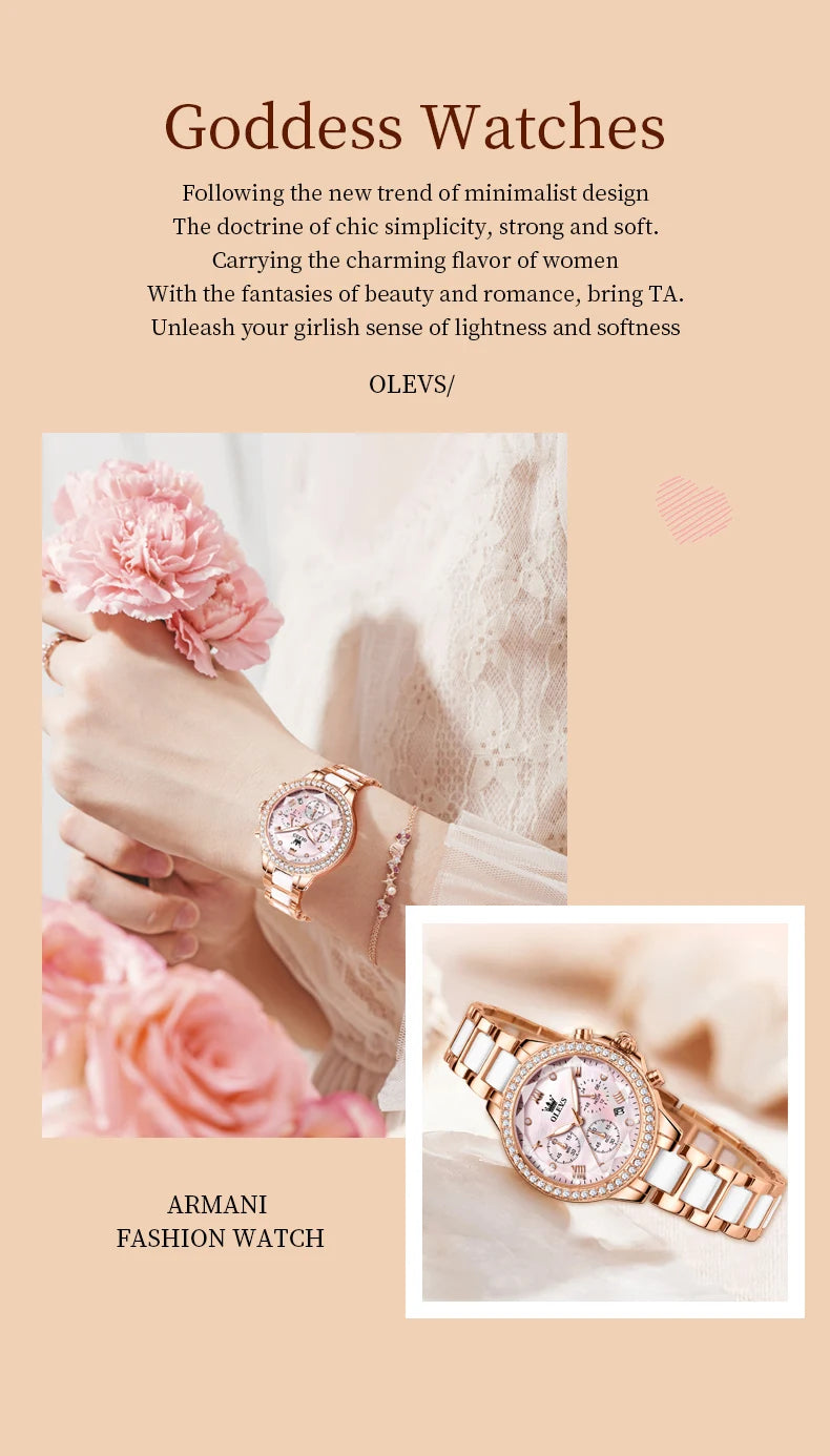 OLEVS Diamond Quartz Watch for Women Luxury Elegant Ceramics Strap Rhombic Mirror Ladies Wristwatch Waterproof Chronograph Clock