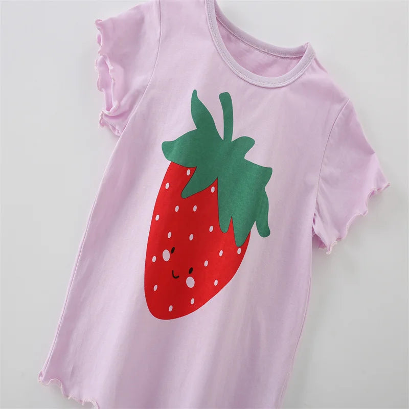 Jumping Meters 100% Cotton 3-8T Strawberry Girl 2 PCS Sets Baby Outfits Summer Tops + Shorts Children's Clothing Toddler Outfits