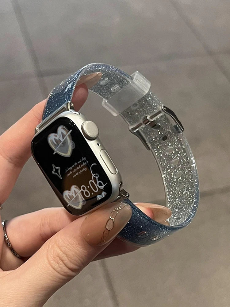 Luxury Glitter Clear Band For Apple Watch Strap 41mm 45mm 44mm 40mm 38mm Girl Sport Plastic Starp For iWatch 9 8 7 6 5 4 3 2 SE