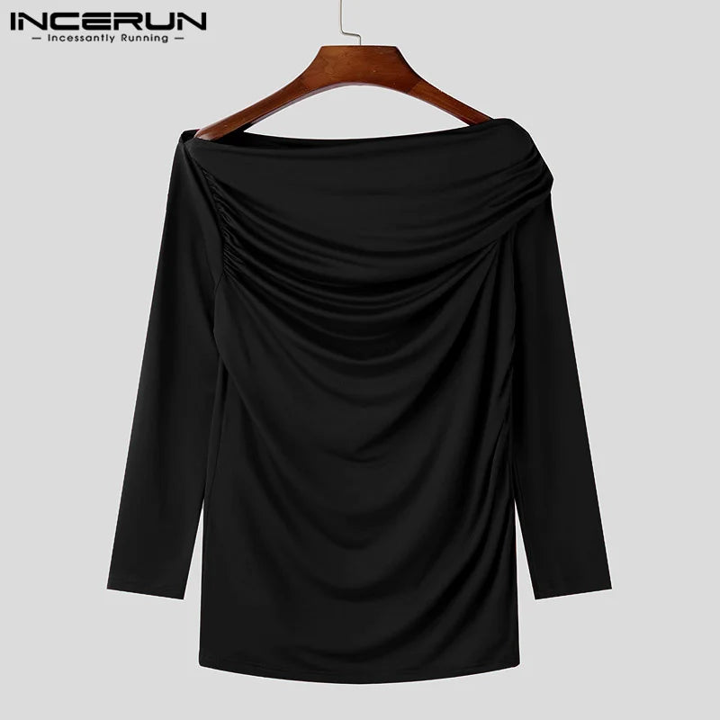 Sexy Fashion Style Tops INCERUN Men's Solid One-shoulder T-shirt Casual Clubwear Male Hot Sale Long Sleeved Camiseta S-5XL 2024
