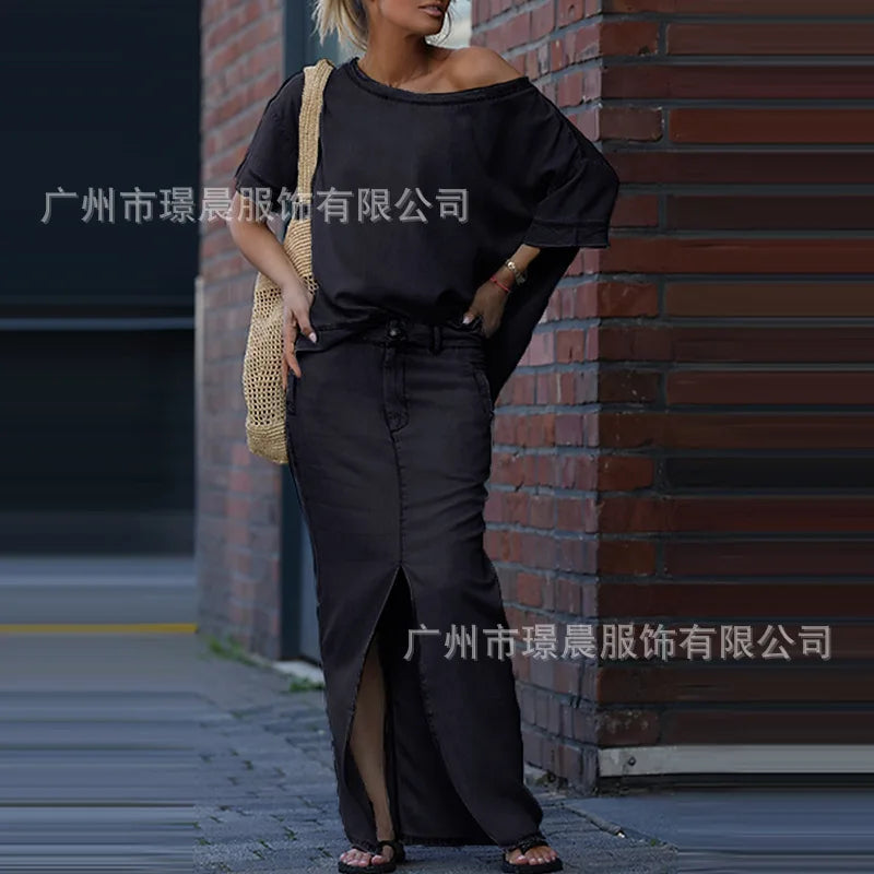 Denim Blue Fashion Split Skirt 2 Piece Set Casual Loose Off-the-shoulder Top + Slim Elegant Pencil Skirt Two-piece Set Women's