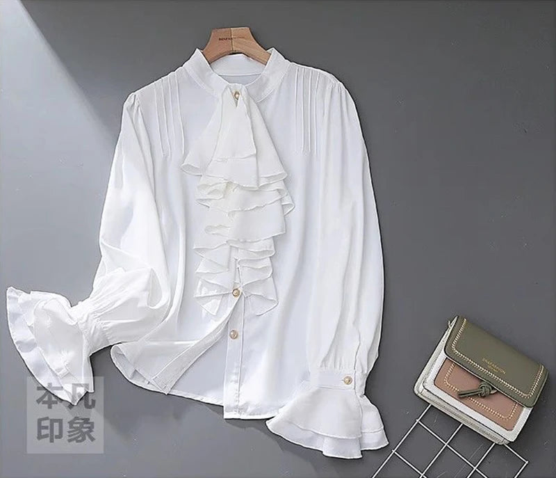 MEXZT Vintage White Shirts Women Elegant Ruffles Flare Long Sleeve Blouses Office Ladies Korean Single Breasted Design Chic Tops