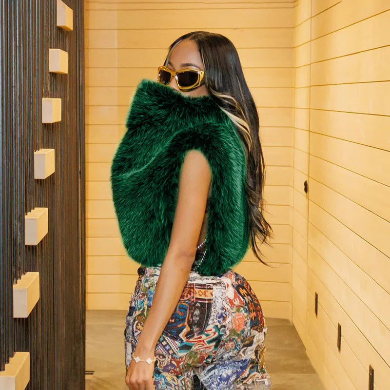 Turtleneck Furry Tank Tops Women Trend Sexy Side Split Chic Fall Trend Midnight Basic Street Furs Hipster Clubwear Vest Crop Top