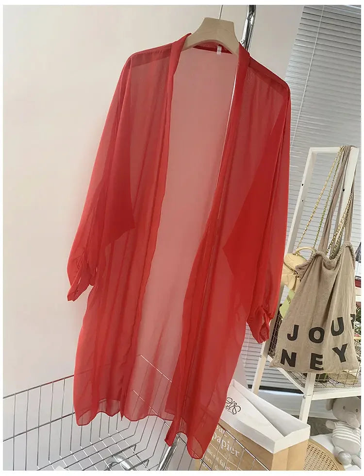 Long Shirts Women Summer Girls Sunscreen Clothing Seethrough Thin Loose Solid Simple Leisure All-match Korean Style Chiffon Tops