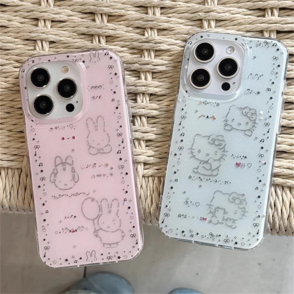 Luxury Glitter Pink Case For iPhone 13 12 11 14 15 16 Pro Max 16 Plus Cartoon Bling Transparent Shockproof Hard PC Bumper Cover