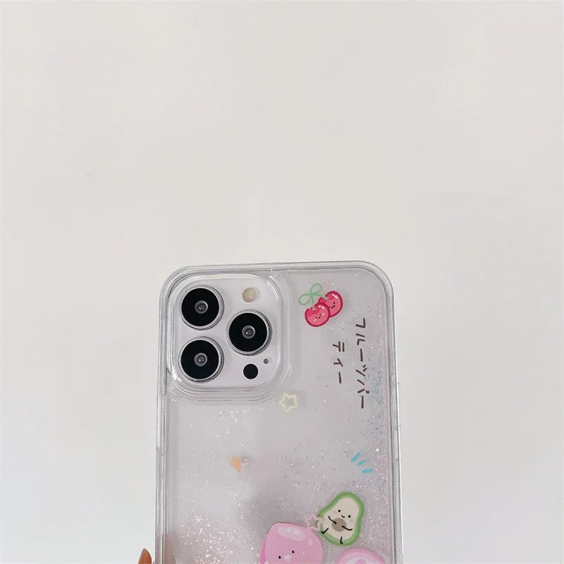 Fruit Floating Icons Quicksand Case for iPhone 16 15 Pro Max Clear Hard Plastic Protective Coque Liquid Sand Cover Phone Housing
