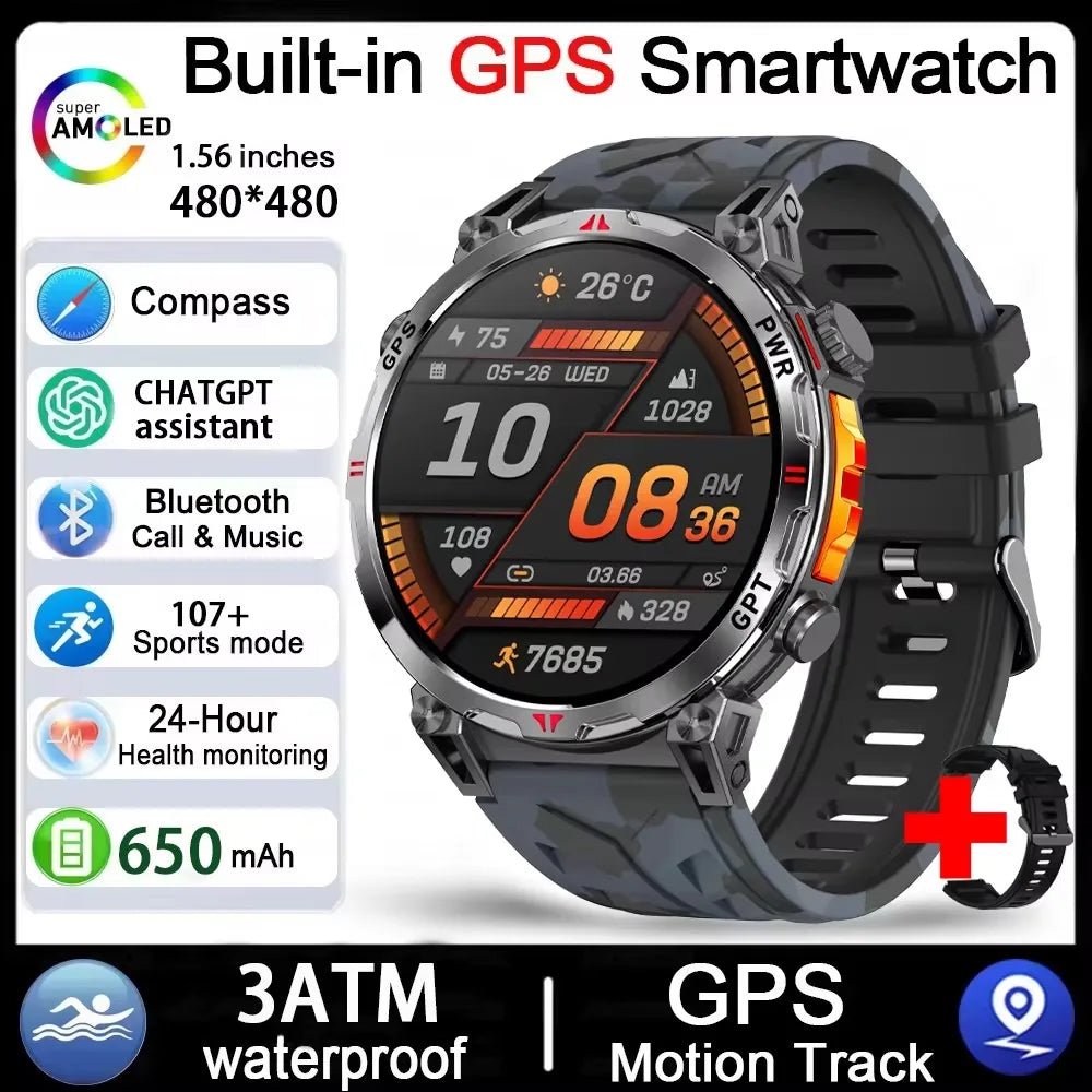New Outdoor GPS GPT Compass Smart Watch 3ATM Waterproof Fitness Track Heart Rate BT Call Professional Sports 650mAh Smartwatch