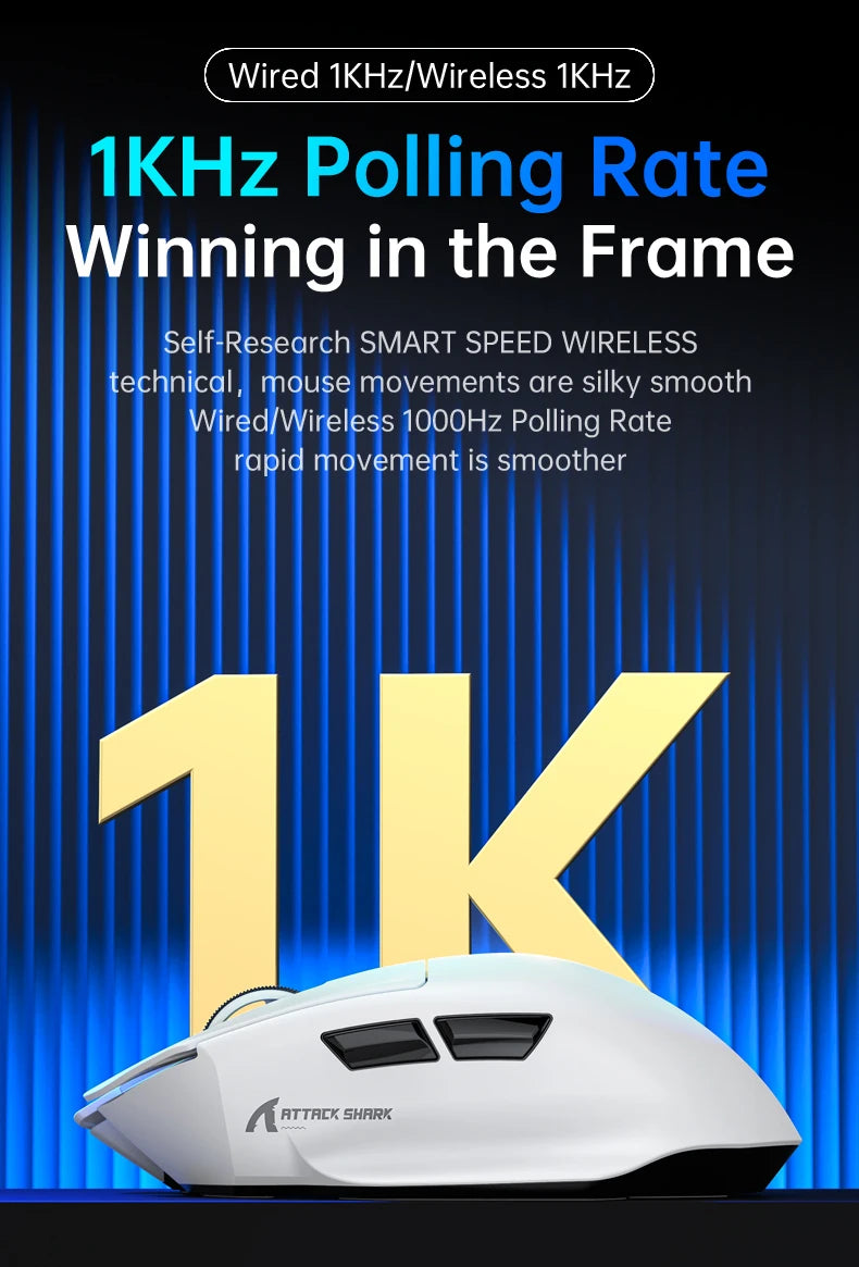 V6 ATTACK SHARK 25000DPI Wireless Mouse,Bluetooth Tri-Mode Connection,Touch Magnetic Charging Base , Macro Gaming Mouse