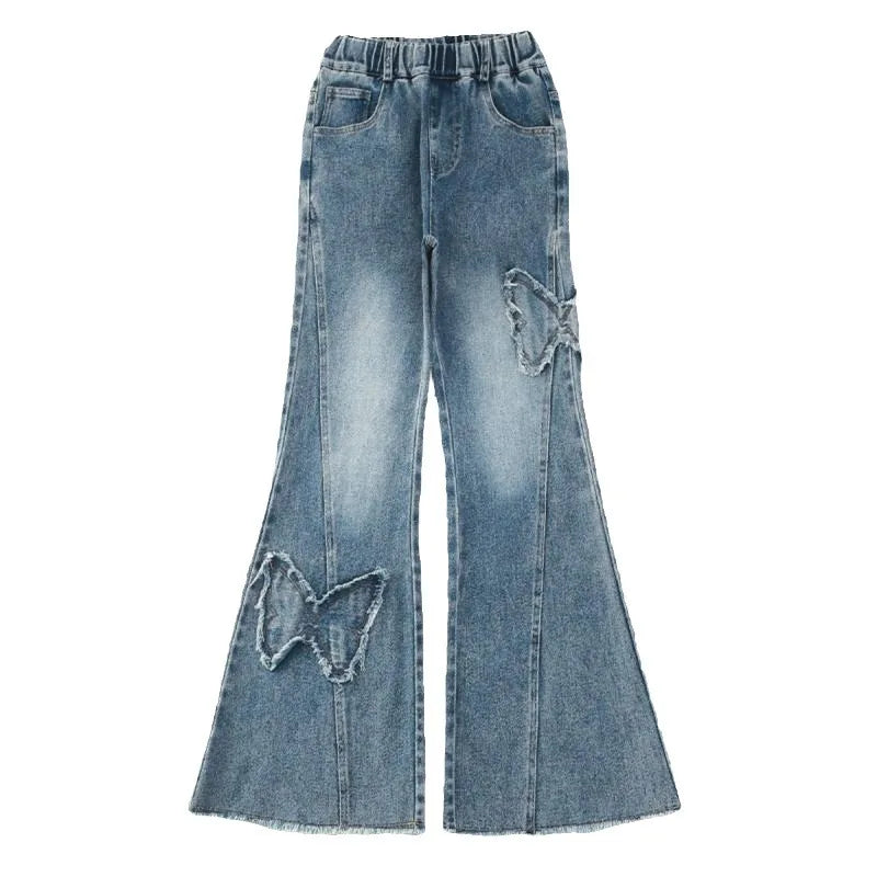 New Junior Girls Denim Pants Ins Bow Patchwork Children Girls Flared Pant Loose Elastic Waist Casual 4-14Y School Girls Trousers