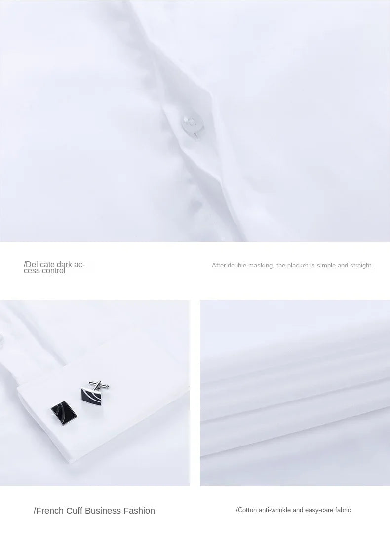 2026 Iron Free French Cufflink Long Sleeves Slim Fit 100% Cotton  Men's Concealed Buttons Solid Color High-end Wedding Dress