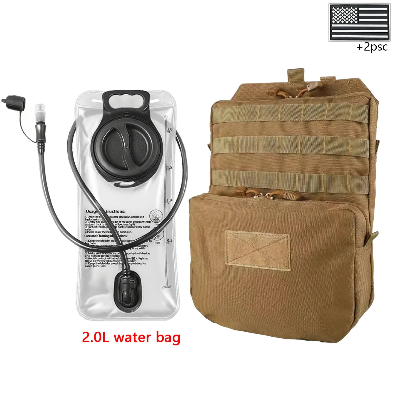 Outdoor sports drinking equipment: 2L large-capacity water bag + molle backpack, suitable for hiking, camping, and cycling