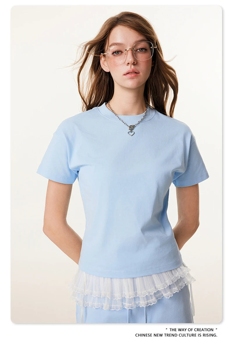 ZODF Women 2025 Spring 305gsm Cotton T-Shirts American Retro Hotsweet Girl Solid Comfortable T Shirt Brand Tees HY0968