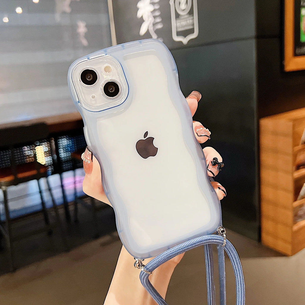 Crossbody Necklace Strap Lanyard Cord Phone Case For iPhone 17 16 15 14 13 12 11 Pro Max XR XS 7Plus Soft Cute Curly Wave Cover