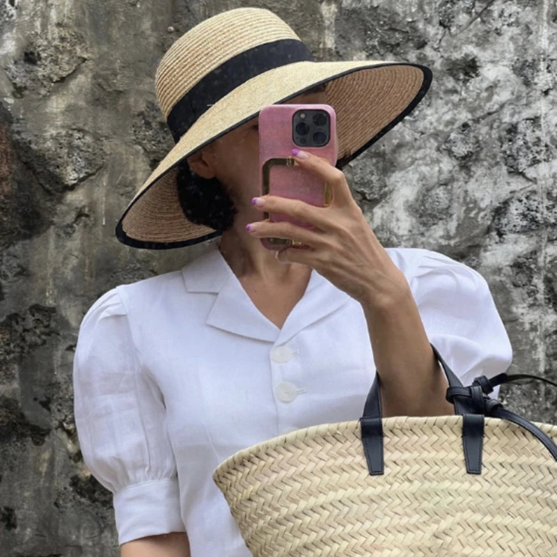 Wide-Brimmed Black-Trimmed Straw Hats for Women Summer Vintage French Elegant Hepburn Wide-Brimmed Woven Beach Caps Casquette