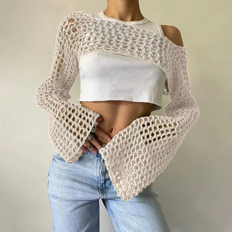 JOEVILU Cropped Knit Top Oversized Slimming Mesh Sunscreen Cover-Up Women's Thin Long Sleeve Breathable Sun Protection Blouses