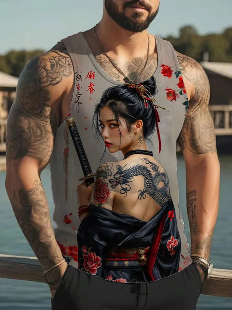 Samurai Tattoo Girl 3D Print Tank Tops Men Women Casual Oversized Fitness Gym Vest Harajuku Sleeveless T Shirt Men's Clothing